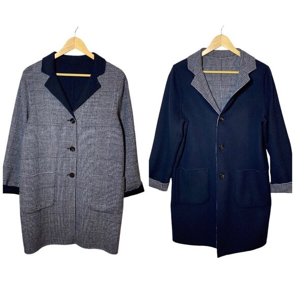 Schneiders of Salzburg Women's Reversible Alima Wool Coat Glen Plaid Navy Wht 8 - Picture 2 of 14